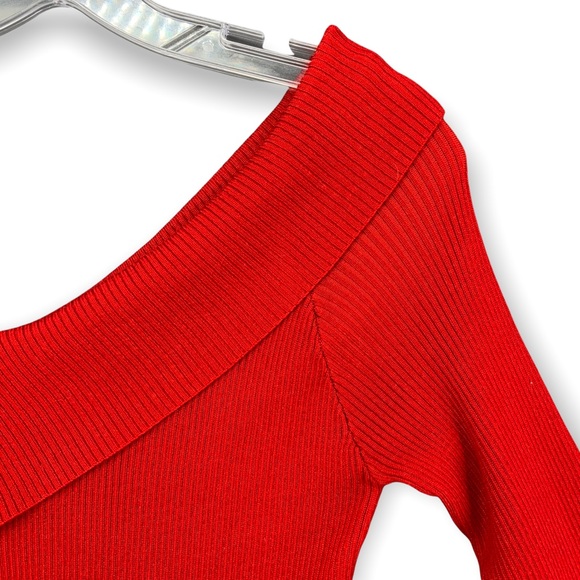 MAIN STRIP V Neck Sweater Dress Red Ribbed Knit Long Sleeve Womens Medium - Picture 2 of 12